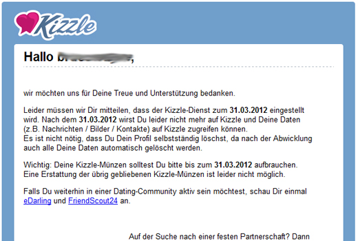 Offline! Zoosk-Kopie Kizzle verabschiedet sich Ende März